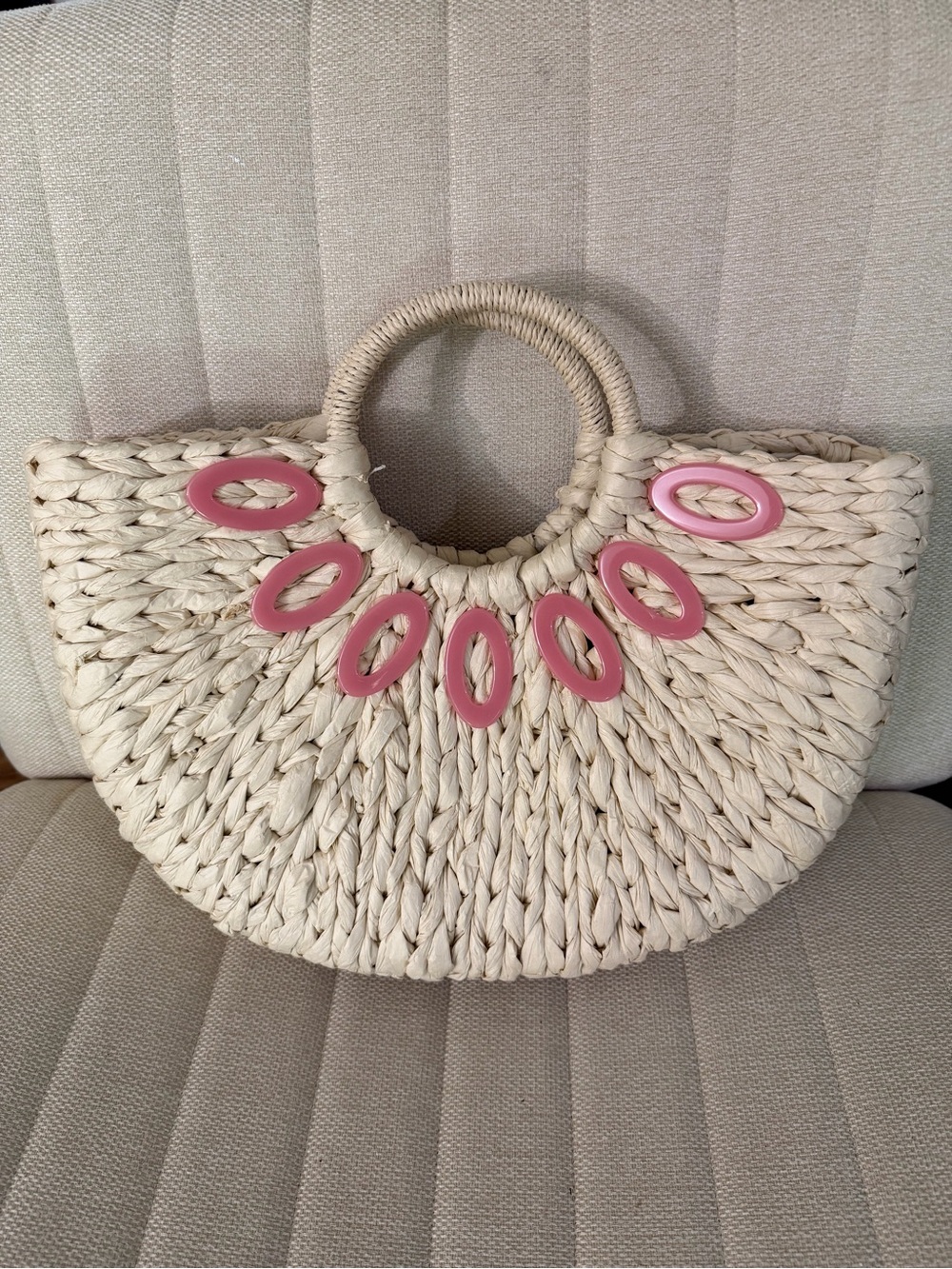 Btb Los Angeles Woven Straw Circle Handle Tote with Pink Accents